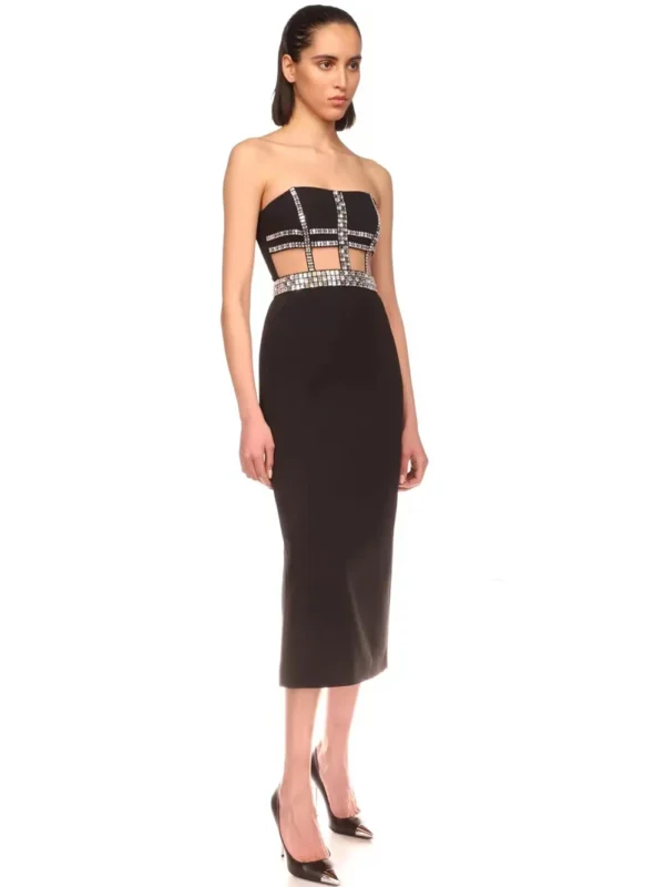 571136392 Knitted black strapless beaded evening dress with bandages and backless dress