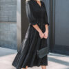 Black Flounced Bracelet Sleeve V Neck Tiered Maxi Dress