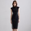 571138932 White contrast zebra print half-high collar sleeveless bandage dress
