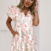 Sky Blue Floral Contrast Edge Layered Short Sleeve Mini Dress