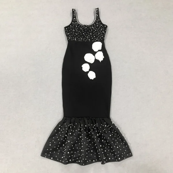Sexy O-Neck Pearl Beading Bodycon Bandage Gown Dress