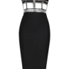 571136394 Knitted black strapless beaded evening dress with bandages and backless dress
