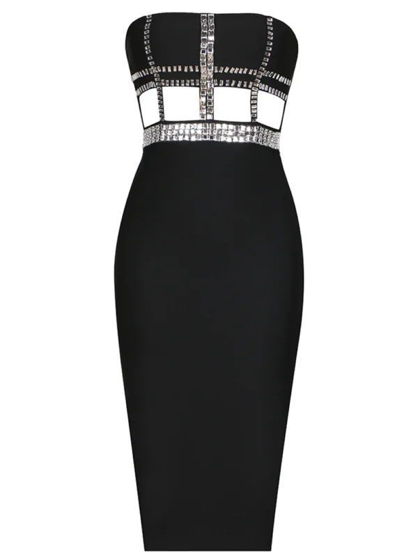 571136394 Knitted black strapless beaded evening dress with bandages and backless dress