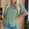 Peach Blossom Half Sleeve Raw Seam High Low Side Split Top