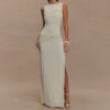 Sleeveless Pleated Slit Fitted Formal Gown
