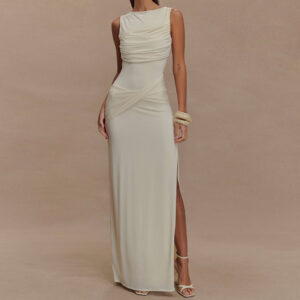 Sleeveless Pleated Slit Fitted Formal Gown
