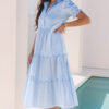 Sky Blue Stripe Bubble Short Sleeve Tiered Scallop Long Dress
