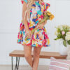 Pink Abstract Printed Ruffled Flutter Sleeve Tiered Mini Dress