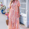 Pink Polka Dot Printed Ruffle Short Sleeve Zip Up Long Dress