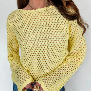 Yellow Cream Scalloped Trim Hollow Out Knit Long Sleeve Top