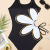 Black Drawstring Big Hole Floral Print Sleeveless One Piece Swimsuit