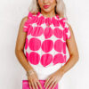 Blue Polka Dot Print Frilled Round Neck Shift Tank Top