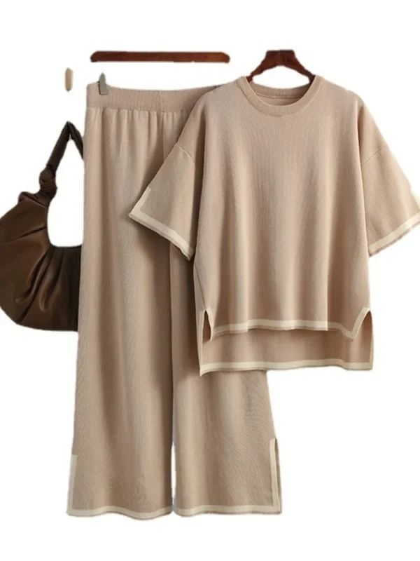 O-neck Short Sleeve Loose Sweater Casual Tops High Waist Pant 2 Piece Set