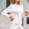 Beige Maple Camo Print Pullover Top and Elastic Waist Casual Short Set