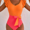 Vitality Orange Color Block Ruffled Knotted Backless One Piece Swimsuit