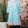 Sky Blue Boho Floral Geometric Patchwork Ruffle Detail Puff Sleeve Mini Dress