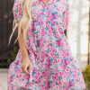 Pink Floral Collared Half Placket Short Sleeve Loose Dress