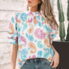 Multicolour Vibrant Paisley Printed Button Keyhole Puff Sleeve Blouse