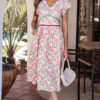 Pink Floral Print Contrast Trim V Neck Short Sleeve Elegant Midi Dress
