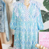 Sky Blue Boho Floral Geometric Patchwork Ruffle Detail Puff Sleeve Mini Dress