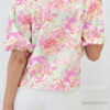 Pink Ribbon Knot Front Floral Short Puff Sleeve Blouse
