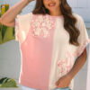 Apricot Color Block Flower Patched Loose T Shirt