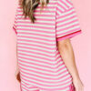 Pink Stripe Contrast Trim Short Sleeve Top Loose Shorts 2pcs Casual Outfit