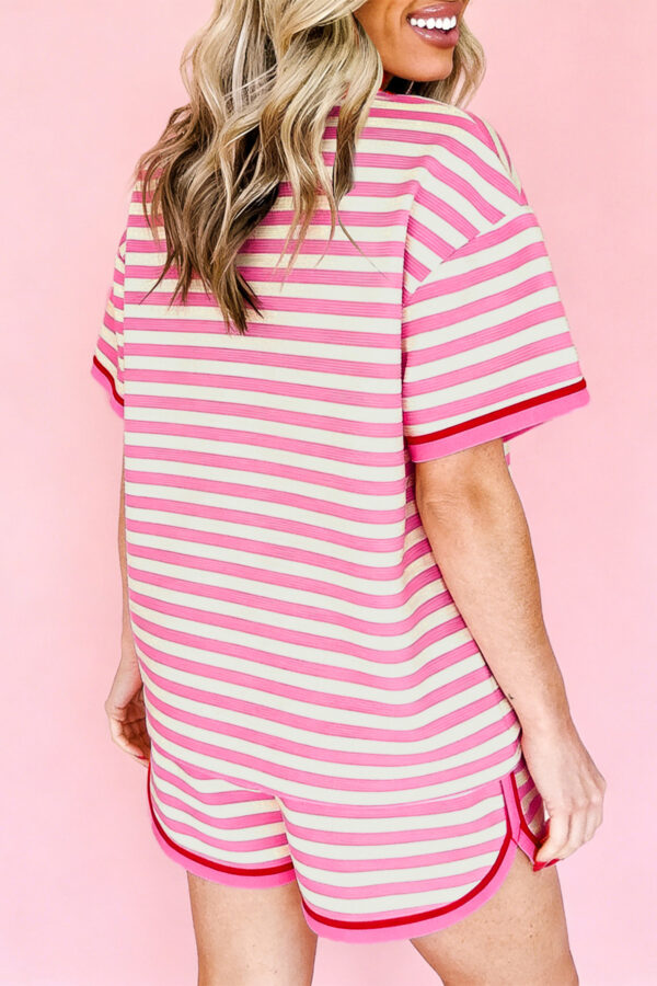 Pink Stripe Contrast Trim Short Sleeve Top Loose Shorts 2pcs Casual Outfit
