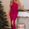 Pitaya Pink One Shoulder Thigh High Split Bodycon Sequin Gown
