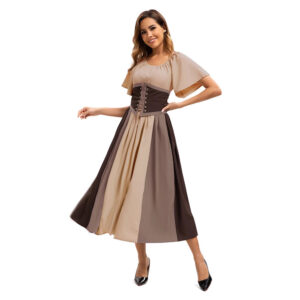 Style Medieval Retro Color-block Spliced Tie-waist Flared Dress