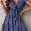 Blue Deep V Neck Self-tie Knotted Front Layered Flare Mini Dress
