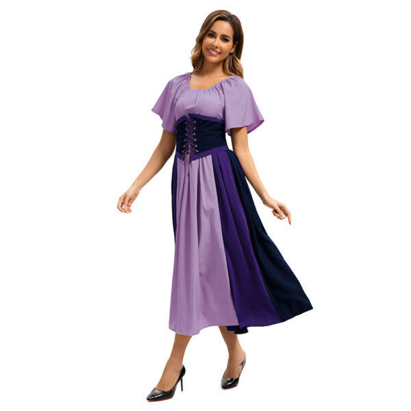 Style Medieval Retro Color-block Spliced Tie-waist Flared Dress
