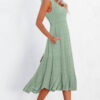 Rose Shirred Pleated Square Neck Sleeveless Midi Dress