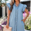 Red Sandalwood Frilled Detail Button Down Ruffle Short Sleeve Denim Mini Dress