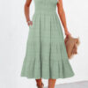 Rose Shirred Pleated Square Neck Sleeveless Midi Dress