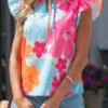 Multicolour Vibrant Flower Printed Tie V Neck Ruffle Trim Sleeveless Blouse