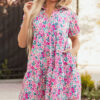 Pink Floral Collared Half Placket Short Sleeve Loose Dress