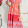 Red Floral Print Tasseled Tied Sleeve Empire Waist Maxi Dress