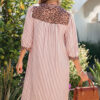 Pink Stripe Square Button Leopard Trim Loose Bracelet Sleeve Shirt Dress