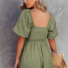 Sky Blue Brown Square Neck Ruched Puff Sleeve Romper