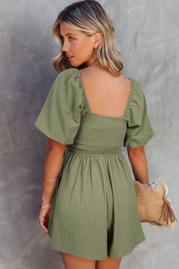 Sky Blue Brown Square Neck Ruched Puff Sleeve Romper