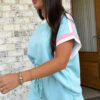 Bonbon Striped Trim Casual Tee Drawstring Shorts 2pcs Set