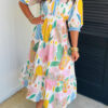 Multicolour Floral Doodle Print Striped Trim V Neck Midi Dress