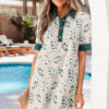 Red Geometric Floral Print Lace Trim Collared Short Sleeve Mini Dress