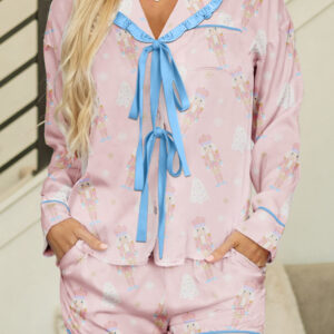Pink Bow Tie Front Christmas Nutcracker Long Sleeve Shirt Shorts Pajama Set