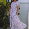 Purple Floral Short Bubble Sleeve Shirred High Waist Maxi Dress