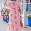 Pink Notched Neck Flutter Short Sleeve Floral Print Maxi Dress