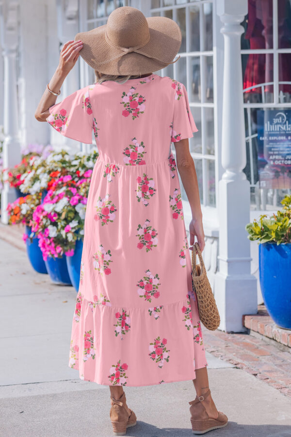 Pink Notched Neck Flutter Short Sleeve Floral Print Maxi Dress