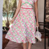 Pink Floral Print Contrast Trim V Neck Short Sleeve Elegant Midi Dress