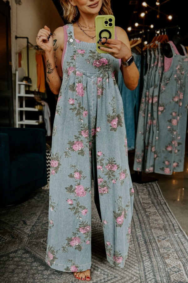 Blue Beau Floral Print Pleated High Waist Wide Leg Denim Jumpsuit